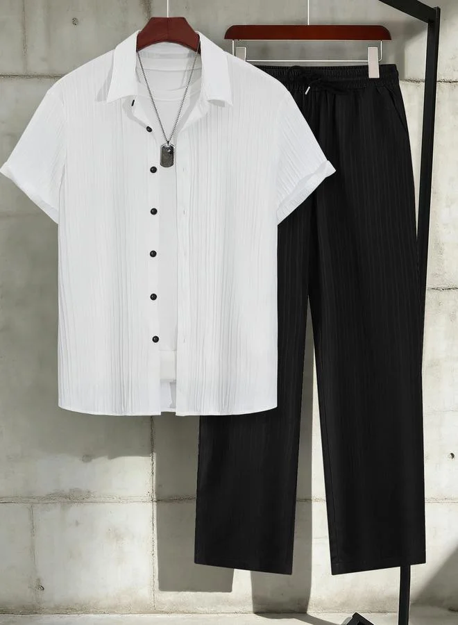 تايك تو طقم قميص بأكمام قصيرة ونسيج بارز وبنطلون برباط